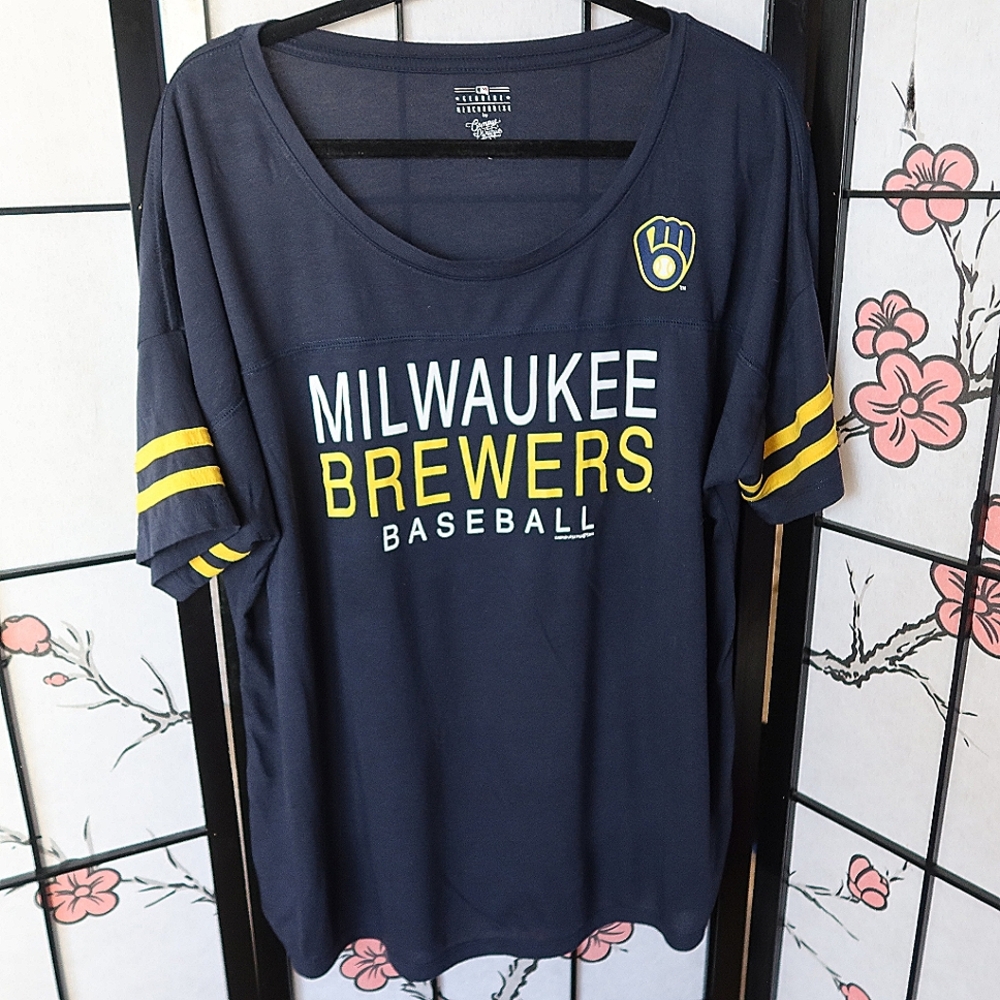 Genuine Merchandise Navy Blue Milwaukee  Brewers Baseball V Neck Tshirt Size XL
